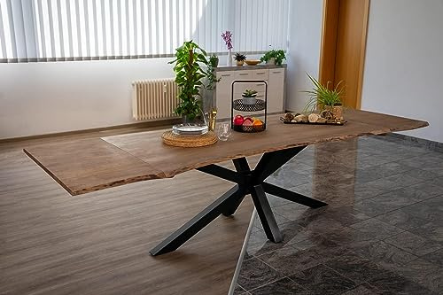 SAM Baumkantentisch 140 (220) x 90 cm Jannik, Akazienholz massiv & stonefarben, Esstisch inkl. 2 Ansteckplatten 40 x 90 cm, echte Baumkante, Spider-Metallgestell in Schwarz