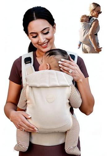 Grownsy Babytrage, Ein-Klick-Schnalle für Einfaches Anlegen, Bequemer Träger von Neugeborenem bis Kleinkind mit Kopfstütze (3-20kg, 3-24Monate), Ergonomisch & Leicht (Cremeweiß)