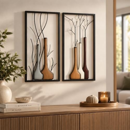MF 2-teiliges 3D Wandbilder Set Vase je 80 cm schwarz-braun Herbst Deko Handbemalt Metallbild Wandrelief für Küche, Beige 80 x 40 cm 2024 Premium Edition