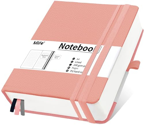 Mlife Notizbuch A4 Liniert,Dickes Notizbücher mit 360 Seiten und 100g/M² Tintenfestes Papier,Hardcover Collegeblock, Tagebuch mit 2 Rücktasche für im Büro oder in der Schule(Rosa)