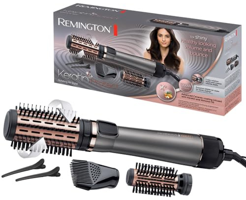 Remington Warmluftbürste rotierend [automatisch] Keratin Protect (inkl.3 Aufsätze: 2 Rundbürsten+Haaransatz-Booster für mehr Volumen) + Haarklammern, Keramikbeschichtung mit Mandelöl, AS8811,Grau
