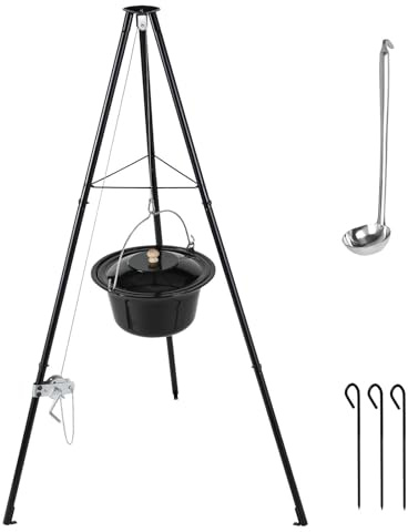 TLSUNNY 10L Gulaschkessel mit Dreibein und Löffel, Emaille Kesselgulasch | Ungarischer Gulaschtopf, Dreibein mit Kessel Topf, Ketten Höhenverstellung, Teleskop-Dreifuß mit Erdspießen, 3PCS Beine