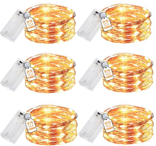 innotree 6 Stück LED Lichterkette Batterie mit Timer, 3M 30 LEDs | Kupferdraht Wasserdichter Lichterkette Innen (AA batteriebetrieben) für Flaschendeko, Party, Weihnachten, Hochzeit, Warmweiß