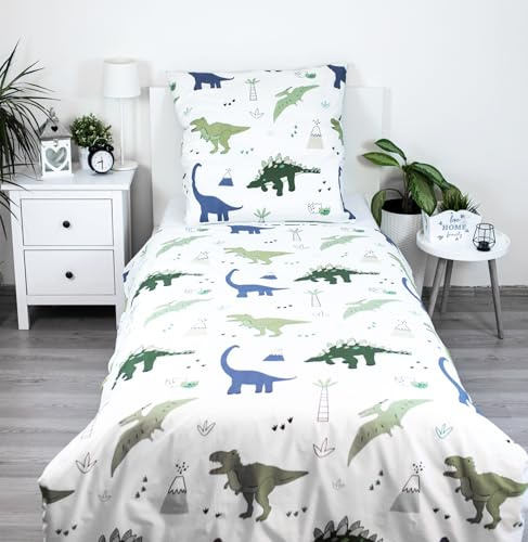 Theonoi - Kinderbettwäsche Dinosaurier/Dino-Bettwäsche 2-teilig 135x200cm Deckenbezug & 80x80cm Kissenbezug aus 100% Baumwolle mit Reißverschluss & ÖKO-TEX – Wendebettwäsche für Jungen & Mädchen