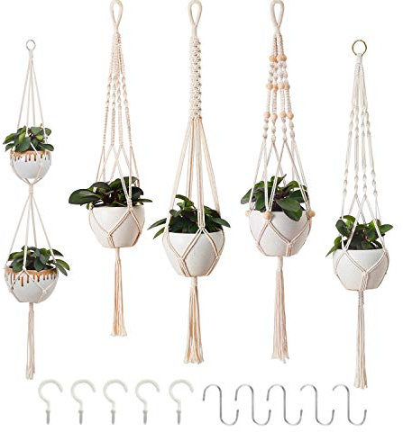 Petutu 5er Set Makramee Blumenampel, Boho Deko Baumwollseil Hängeampel Blumentopf Pflanzen Halter Aufhänger für Innen Außen Decken Balkone Wanddekoration (Beige)