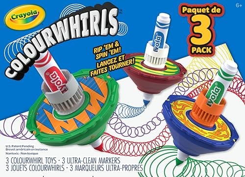 Crayola - ColourWhirls, das Farbkreiselspiel, Set mit 3 Kreiseln, Sortierte Farben, Herausforderungen für Familie und Freunde, Spiel und kreatives Geschenk für Kinder, ab 6 Jahren, 74-7647
