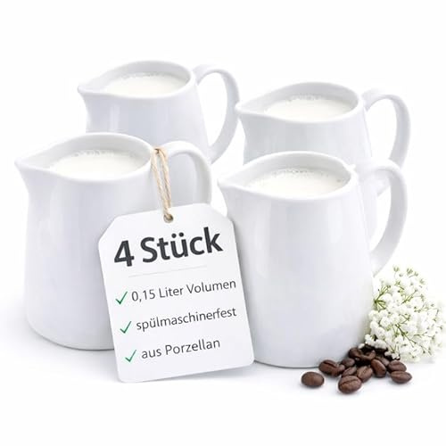 getgastro 4er Set Milchkännchen Porzellan weiß 0,15Liter 8,3 cm Höhe, Milchbehälter für Kaffeemilch, Kaffee Zubehör für Gastronomie & Hotel, klassische Ausgießer für Kaffetafel, Frühstücksbuffet