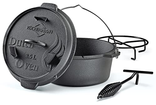 KÜCHENPROFI Dutch Oven 3,5 Liter, Gusseisen-Schmortopf mit Deckel, 24 cm | vorbehandelt, für Grill, Feuerschale, Herd und Backofen geeignet, mit Deckelheber, Topfständer und Thermometeröffnung