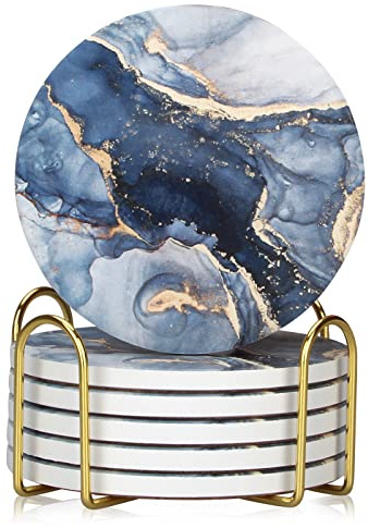 Marmor-Keramik-Untersetzer mit Halter, Beste saugfähige Getränke-Untersetzer, rund, Keramik-Tischuntersetzer, Set, dekorative Kaffeetasse, Bier-, Bar-Untersetzer (Abstrakter Gold-Marmor)