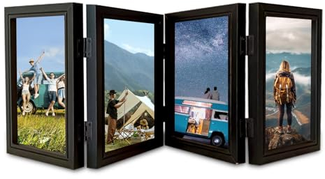 Delamiya Bilderrahmen für 4 Fotos, 10x15 cm Faltbar Holz Bilderrahmen, Portraitrahmen Rahmen für den Schreibtisch oder Familie Hochzeit Geschenke, Geschenk für Mutter, Freund (Schwarz, Vervierfachen)