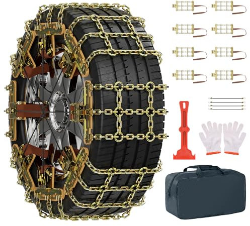 MOONCOOL Schneeketten Universal PKW, Winterketten 8 Stück(1 Satz) Leichte Montage für 215-285mm Auto Reifenbreite Anfahrhilfe Grid Design mit Handschuhe Haken Tragetasche Querseil für PKW, LKW, SUV