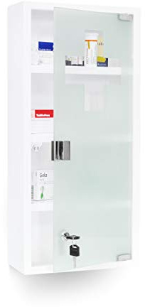 Relaxdays Medizinschrank EMERGENCY XXL Medikamentenschrank Metall und Glas Apothekerschrank fürs Bad HxBxT 57 x 27 x 12 cm mit magnetischer Glas-Tür 4 Ablagen für Medikamente und Verbandszeug, weiß