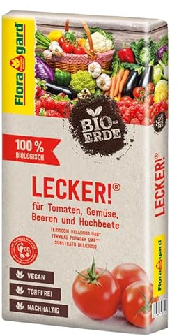 Floragard Bio-Erde Lecker 40 L – torffreie, vegane Bio-Gemüseerde für Hochbeete, Tomaten, Chili, Gurken, Beeren, Kräuter & Zucchini – nährstoffreiche Struktur für kräftiges Wachstum & hohen Ertrag