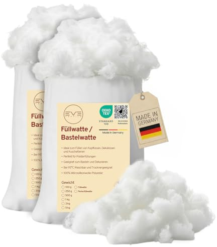 EVE Textile® Füllwatte 1 kg Weiche Watte & Füllmaterial Öko-Tex 100 Zertifiziert für Kissen, Kuscheltiere Hochbausch Bastelwatte, Stopfwolle & Kissenfüllung Ideal als Füllmaterial Kissen & Wolkendecke