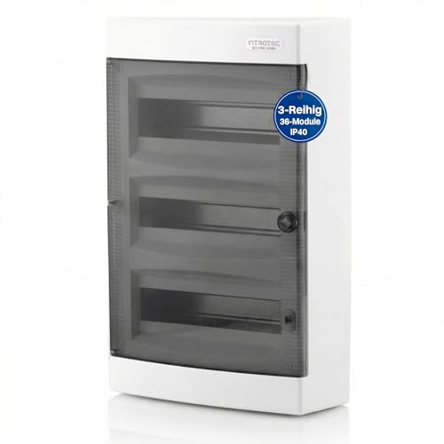 Intratec Sicherungskasten Aufputz 3 reihig – IP40 Verteilerkasten Aufputz Gehäuse für 36 Module mit transparenter Tür für einfache Installation Zuhause & Gewerbe – 485 x 287 x 112 mm