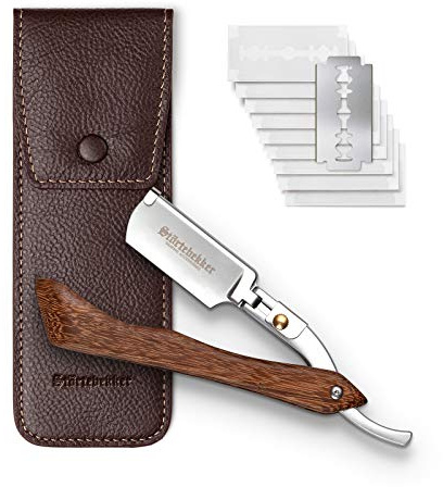 Störtebekker® Premium Rasiermesser mit Holzgriff im handgefertigten Lederetui (Café) inkl. Alaunstift & Rasurguide [+ 10 Klingen] - Geschenkidee - Rasiermesser Set - Nassrasierer Set - Rasierset
