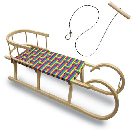 BAMBINIWELT Hörnerrodel 120 cm Regenbogendesign - Holzschlitten aus massivem Buchenholz - Hörnerschlitten mit Rückenlehne, Buntem Gurtsitz, Zugseil & Stahlkufen