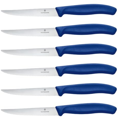 Victorinox Swiss Classic Profi Steak- und Pizzamesser-Set, 6-teilig, Tafelmesser, Wellenschliff, Scharfe Klingen, 11 cm, Robuste Kunststoffgriffe, Blau