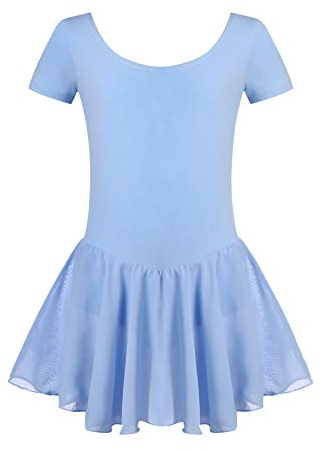 Untlet Ballettkleid Mädchen Kinder Kurarm Ballettanzug Ballett Trikot Kurzarm Body mit Chiffon Wickelrock Kinder Ballettkleidung Tanzkleid Tanzbody,Blau,120