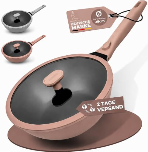 TRAUMLEBEN Wokpfanne 28 cm mit Deckel & abnehmbarem Griff | Antihaftbeschichtung, PFOA-frei, für Induktion geeignet, backofenfest, hoher Rand