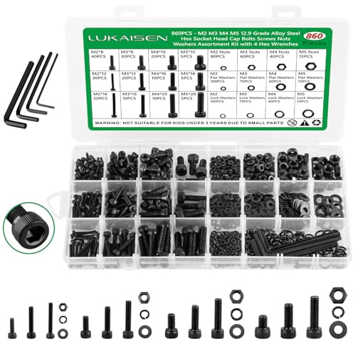 860 Stück M2 M3 M4 M5 Schrauben Set, Schwarz Metrisch Zylinderkopfschrauben Innensechskant Schrauben Muttern und Unterlegscheiben Sortiment Set, Gewindemaschinen Sechskantschrauben