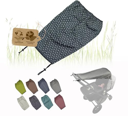 Sonnensegel für Kinderwagen UV Schutz 50+ Universal (Sterne dunkelgrau) | Baby Sonnenschutz für Buggy, Verstellbar mit Rollo-Funktion, windfes & einfache Montage