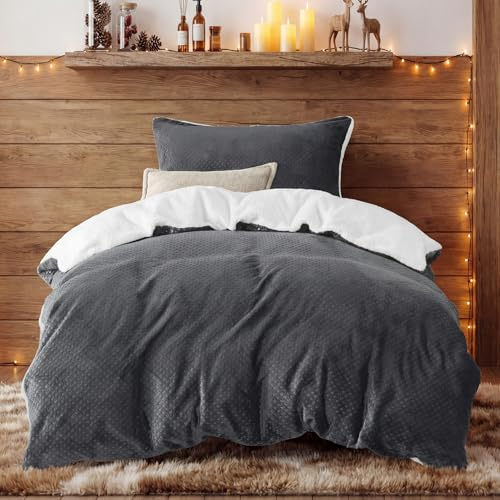 BEDSURE Flauschige Bettwäsche 135x200 Grau - Winter Bettbezug Fleece mit 80x80 cm Kissenbezug, Warme Bettwäsche-Sets mit Reißverschluss, Kuschel Waffelpique Winterbettwäsche Anthrazit für Einzelbett
