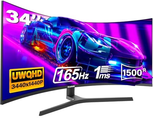 Gawfolk 34 Zoll Ultrawide Curved Gaming Monitor 165Hz, 1500R PC Bildschirm UWQHD 3440x1440 mit Höhenverstellung, Gebogenes Computerbildschirm, VA, Displayport, HDMI, unterstützt VESA 75 x 75 mm