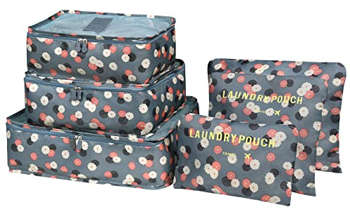 Vicloon Gepäck Organizer, 6-in-1-Set Koffer Organizer Umfassen 3 * Packwürfel und 3*Aufbewahrungsbeutel, Reise Kleidertaschen für Kleidung, Unterwäsche, Kosmetik und Andere Zubehör（Blau Blume)