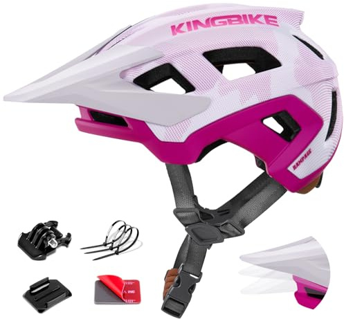 KINGBIKE MTB-Helm mit verstellbarem Visier & Action-Kamera-Halterung NTA-8776 E-Bike-zertifizierter Mountainbike-Helm für Erwachsene Herren Damen Downhill-Cycling (Camo weiß rosa, M)