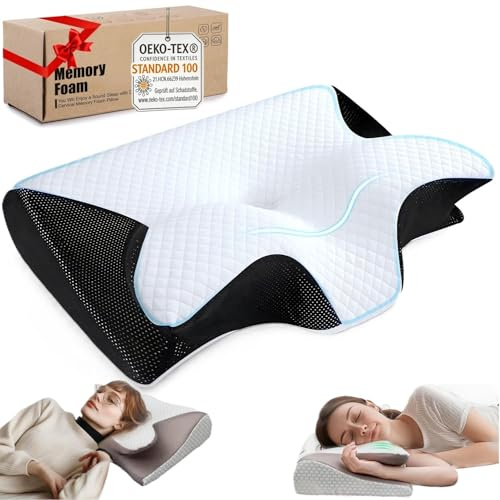 Purova Nackenstützkissen, 2 IN 1 Ergonomisches Orthopädisches Kissen, Memory Foam Kissen, Kopfkissen Nackenschmerzen, Ergonomisches Kopfkissen für Seiten, Rücken und Bauchschläfer (Schwarz)
