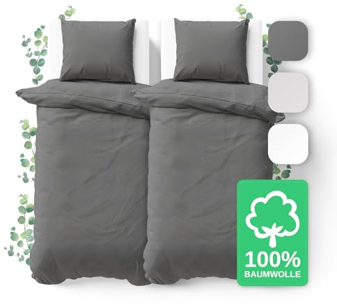 JACOBSON Bettwäsche 135x200 Set - 100% Baumwolle - 2 Bettbezüge 135x200 cm + 2 Kissenbezüge 80x80 cm, Perkal Bettwäsche 4-teilig mit Reißverschluss (135x200cm, Anthrazit, 4-teilig)