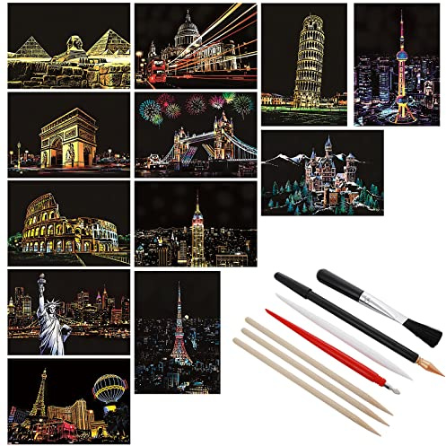Lusofie Kratzbilder Erwachsene 12 Blätter Kratzpapier Urban Scratch Painting Kratzbilder Scratch Art Papier und Stift Set Schwarzes Kratzpapier für DIY Crafts Home Decor Art Project