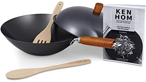 Ken Hom Carbonstahl Wokpfanne Set mit 31cm Pfanne mit Deckel 1x Pfannenwender aus Holz, 1x Holzlöffel, 1x Anleitungsheft mit Rezepten, Nicht-Induktion/Holzgriff