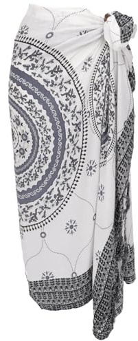 Bali Sarong, Wickelrock, Sarongkleid Mandala, handgefertigt, grau/weiß | 100% Viskose, beidseitig verwendbar, vielseitig als Kleid, Rock oder Dekoration, aus Indonesien.