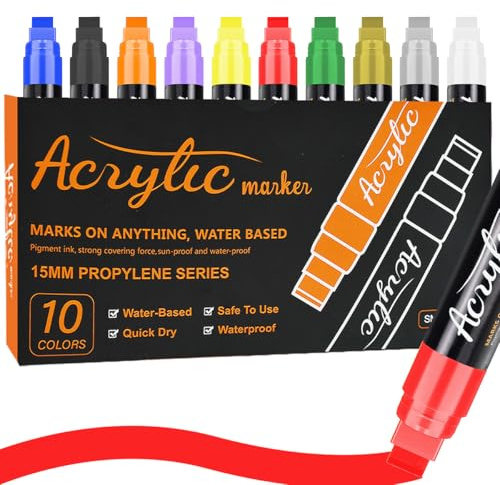 Vunanvu 10 Farben 15mm Acrylstifte 3-in-1 Jumbo Acrylmarker Wasserfeste Graffiti Stifte Permanent Marker Fein Dicke Spitze zum Bemalen Tagging Marker für Graffiti Stein Holz Glas Metall Blumentopf