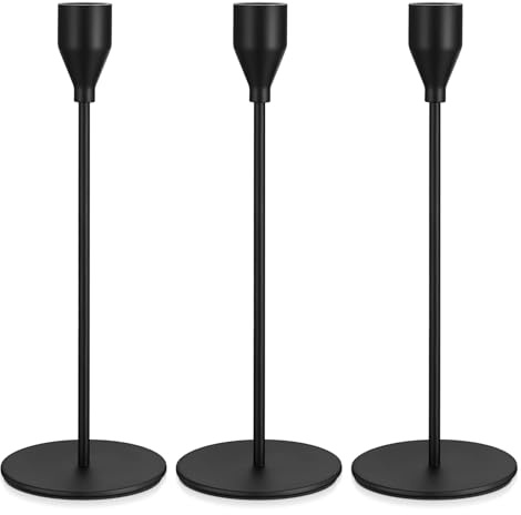 3er Set Kerzenständer Schwarz, 24cm Kerzenhalter Schwarz, Metall Kerzenständer Stabkerzenhalter, Vintage Kerzen Ständer Deko Kegelkerzenhalter für Hochzeit Abendessen Tischdekoration
