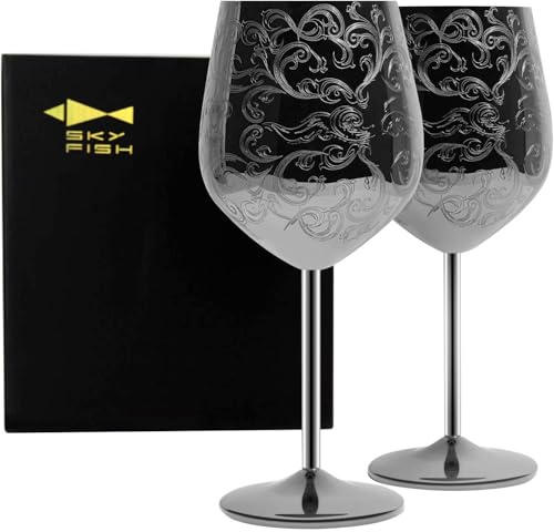 SKY FISH Weingläser aus Edelstahl, Schwarz Weinkelche 2 Stück, Geätzt mit Aufwendigen und Barock-Gravuren, Königlicher Stil, Weinbecher, 480 ml, Handwäsche
