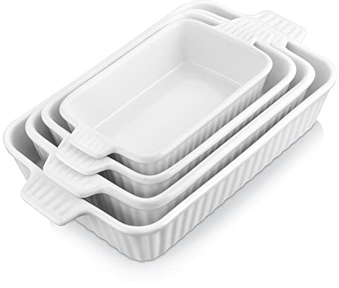 MALACASA Auflaufform, 4-teilig Set Groß & Klein Stapelbar Backformen (37, 30, 28, 24 cm) | Rechteckig Ofenfest Baking Dish aus Keramik für Lasagne, Braten, Tiramisu & Aufläufe, Weiß, Serie Bake