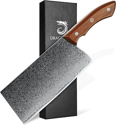DRAGON RIOT Hackmesser Scharfes, Damastmesser Küchenbeil, Chinesisches Kochmesser 19cm, Profi Küchenmesser Damast, Hackbeil Messer mit Geschenkbox