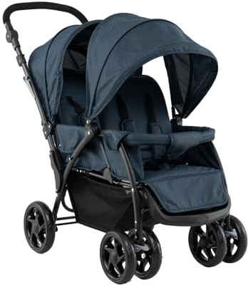 GOPLUS Geschwisterwagen klappbar, zwillingskinderwagen mit verstellbarer Vordach & Rückenlehnen, kinderwagen zwillinge bis 30 kg belastbar, für Babys ab 6 Monate (Blau)