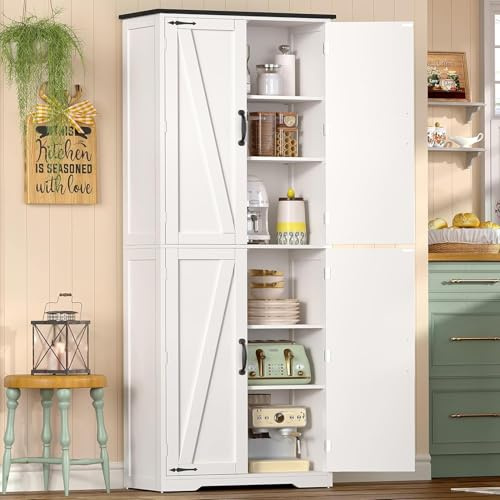 TEENFON 170 cm Küchenschrank 4 Scheunentüren, Mehrzweckschrank Hoch mit 2 Feste Regale & 2 Verstellbare Regale, Vorratsschrank für Küche, Esszimmer, Wohnzimmer, Badezimmer - 60x30x170 cm - Weiß