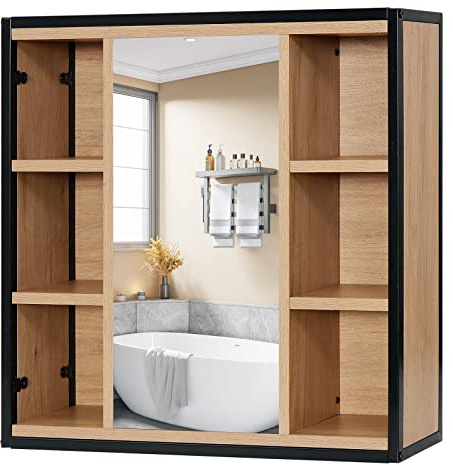 EUGAD Spiegelschrank Bad, Badezimmerschrank mit Spiegel, Schrank mit Badezimmerspiegel, Hängeschrank Badezimmer, mit verstellbaren Ablagen, aus Metall Holzwerkstoff, 60 x 58 x 16 cm