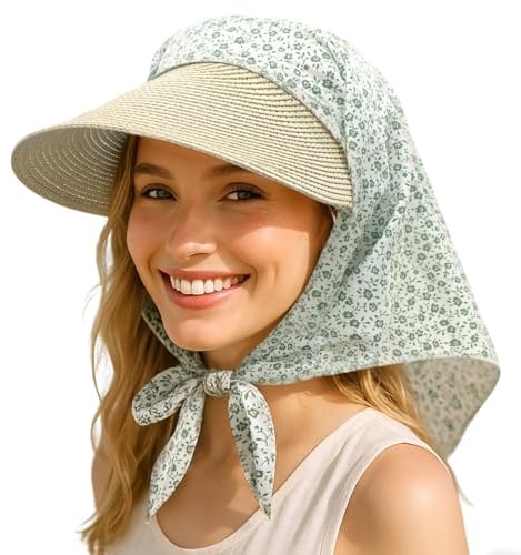 CLAPE Sonnenhut Damen Stroh Breite Krempe Sun Hat mit Bandana Atmungsaktiv | Leicht, UV Schutz,Nackenschutz,Elegant Bandana mit Schirm,Sommer Fischerhut Sonnenkappe für Beach,Reisen,Strand