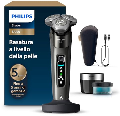 Philips Rasierer i9000, Elektrischer Nass-und Trockenrasierer für Herren mit integriertem Trimmer, dunkelgrau, Reinigungsstaion, Ladestation und Reiseetui (Modell X9002/30)