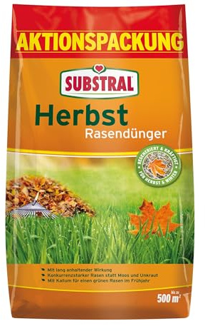 SUBSTRAL Herbst Rasendünger, kaliumreicher Spezial-Rasendünger mit lang anhaltender Wirkung für 500 m², 12,5 kg Sack