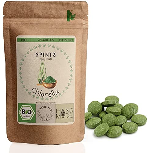 SPINTZ® 1000 Stk. Bio Chlorella Bio Presslinge 100% kontrolliert biologischer Anbau | Vegane Chlorella Tabletten 500mg/Tab | Plastikfrei und nachhaltig verpackte Chlorella Tabletten