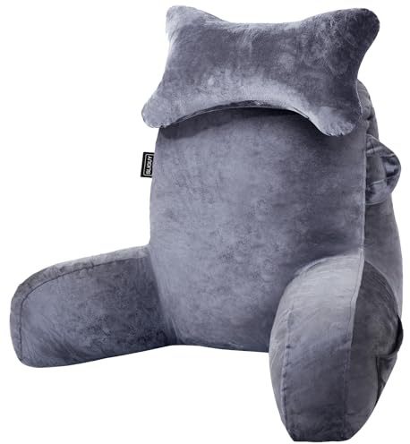 SLIGUY Lesekissen zum Sitzen im Bett Couch Erwachsene, Rückenkissen mit Taschen, Rückenkissen für Erwachsene Bettstuhl für Bettruhe, Lesen, Fernsehen, Gaming Dunkelgrau