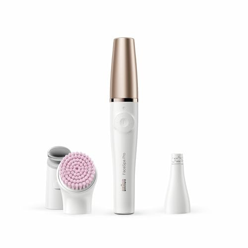Braun FaceSpa Pro Gesichtsepilierer Damen, 10 Mikropinzetten, Aufsatz zur Hautstraffung und Gesichtsreinigungsbürste, Wiederaufladbar, 90 Min. Akku, Wet&Dry, Wasserdicht — SE912, Weiß/Bronze