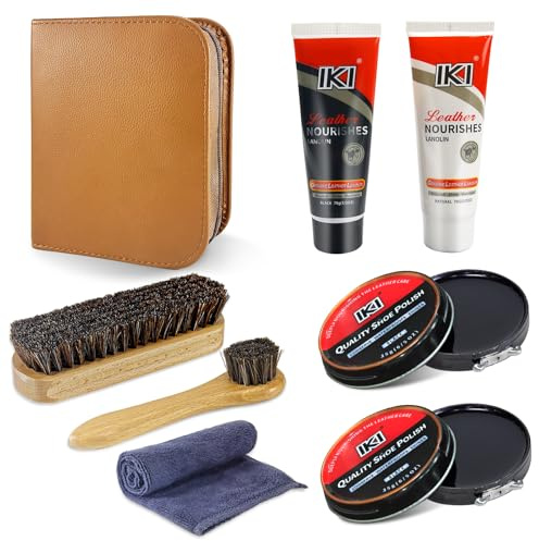 IKI Premium Lederschuhpflegeset - Farbloses & Schwarzes Schuhcreme Lanolin, 2 Rosshaarbürsten, Flanell- & Hochfasertücher - Komplette Schuhpolierlösung (1.6, Pfund)…